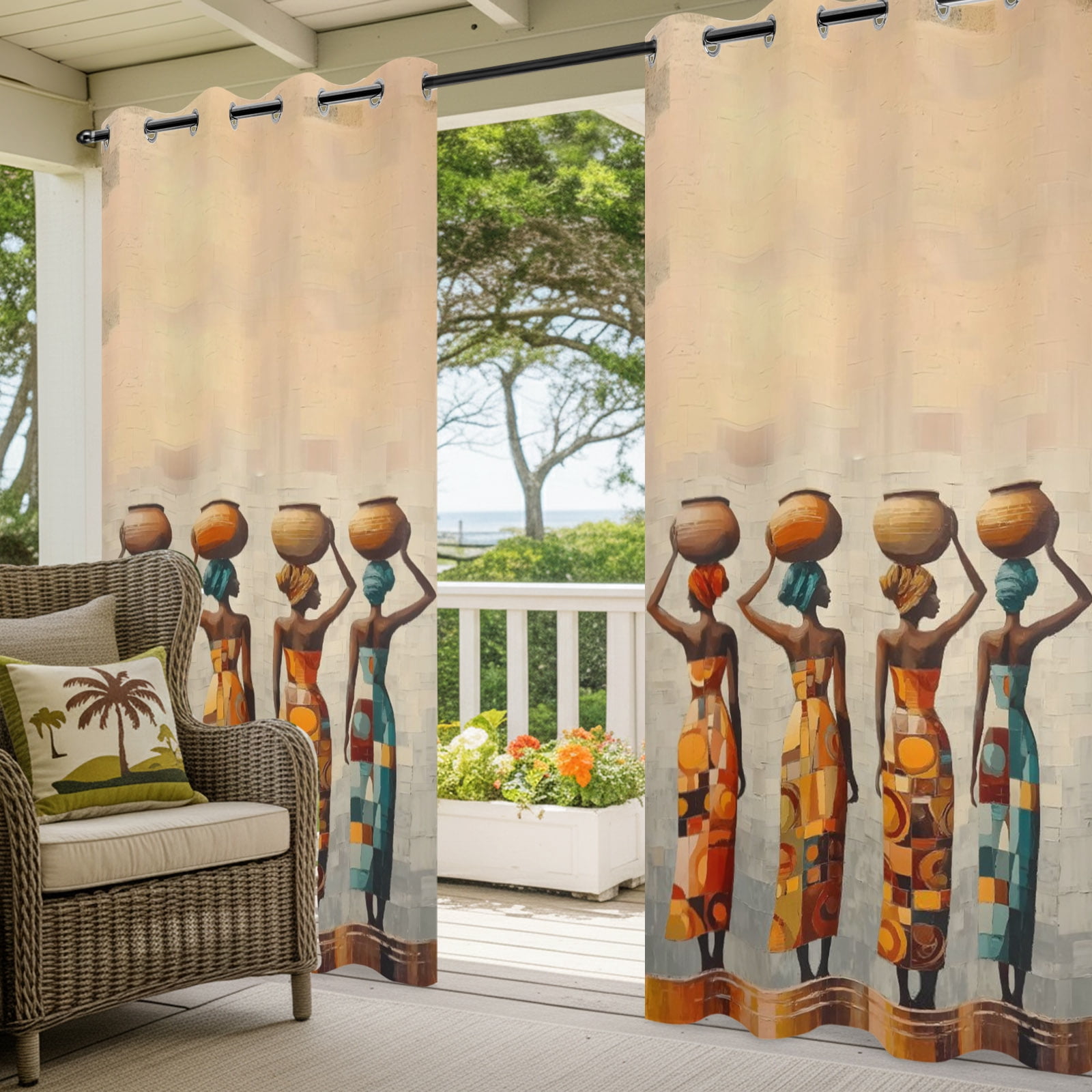 African American Outdoor Curtains for Patio, Black Woman Dress African Tribe Sunshade Privacy Drapes Grommet Waterproof Outside Curtains for Porch/Cabana/Balcony 54"x 108", 1 Panel