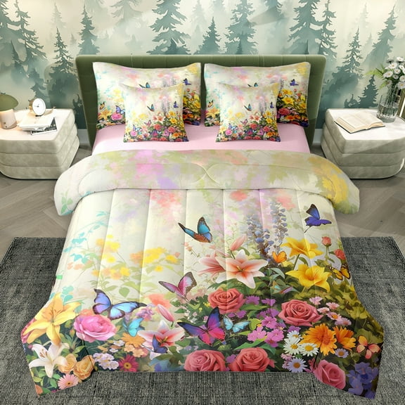 Homewish Spring Garden Flower Twin Bedding Sets 7-Piece, Rustic Rose Floral Bedding Comforter Set, Dreamy Butterfly Reversible Sheet Sets, Ultra Soft Bedroom Decor