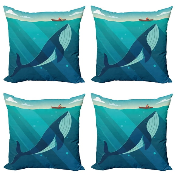 Ambesonne Ocean Throw Pillow Cover 4 Pack, Sailor Whale with Rays, 16", Blue and White