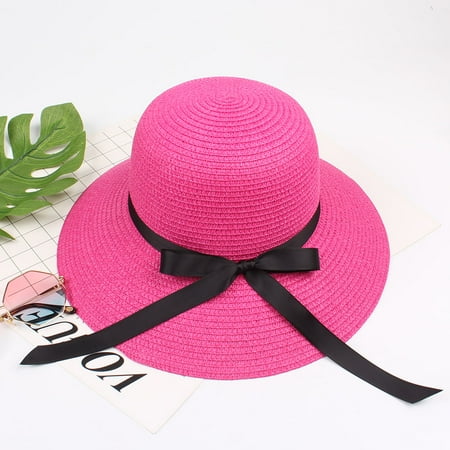 Summer Women Straw Hat Ribbon Bow Wide Brim Sun Beach Cap Holiday Fedora Trilby Hat