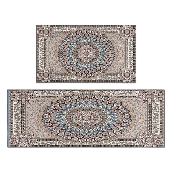 Boho Light Brown Pattern Kitchen Rugs and Mats Sets Of 2, Funny Kitchen Decoration Rubber Backing Non-Slip Absorbent Mats for Sink Waterproof Runner Rug for Laundry Room 17x30 17x48inch