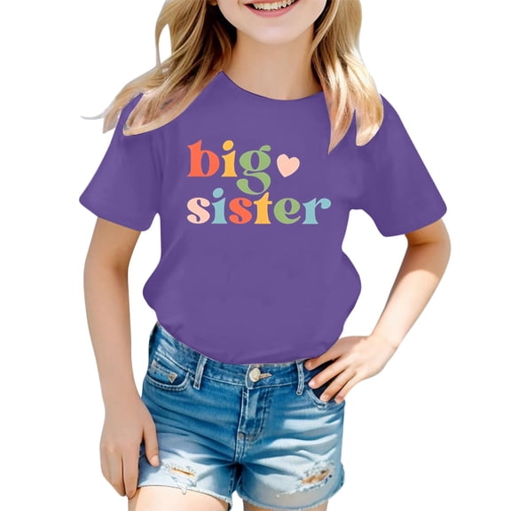 Girls Big Sister Letter Print T-Shirt Short Sleeve Crewneck Fashion Summer Tee Cute Relax Fit Top