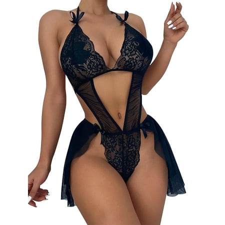 

JustVH Women Open-Back Floral Lace Patchwork Mesh Onesie Lingerie