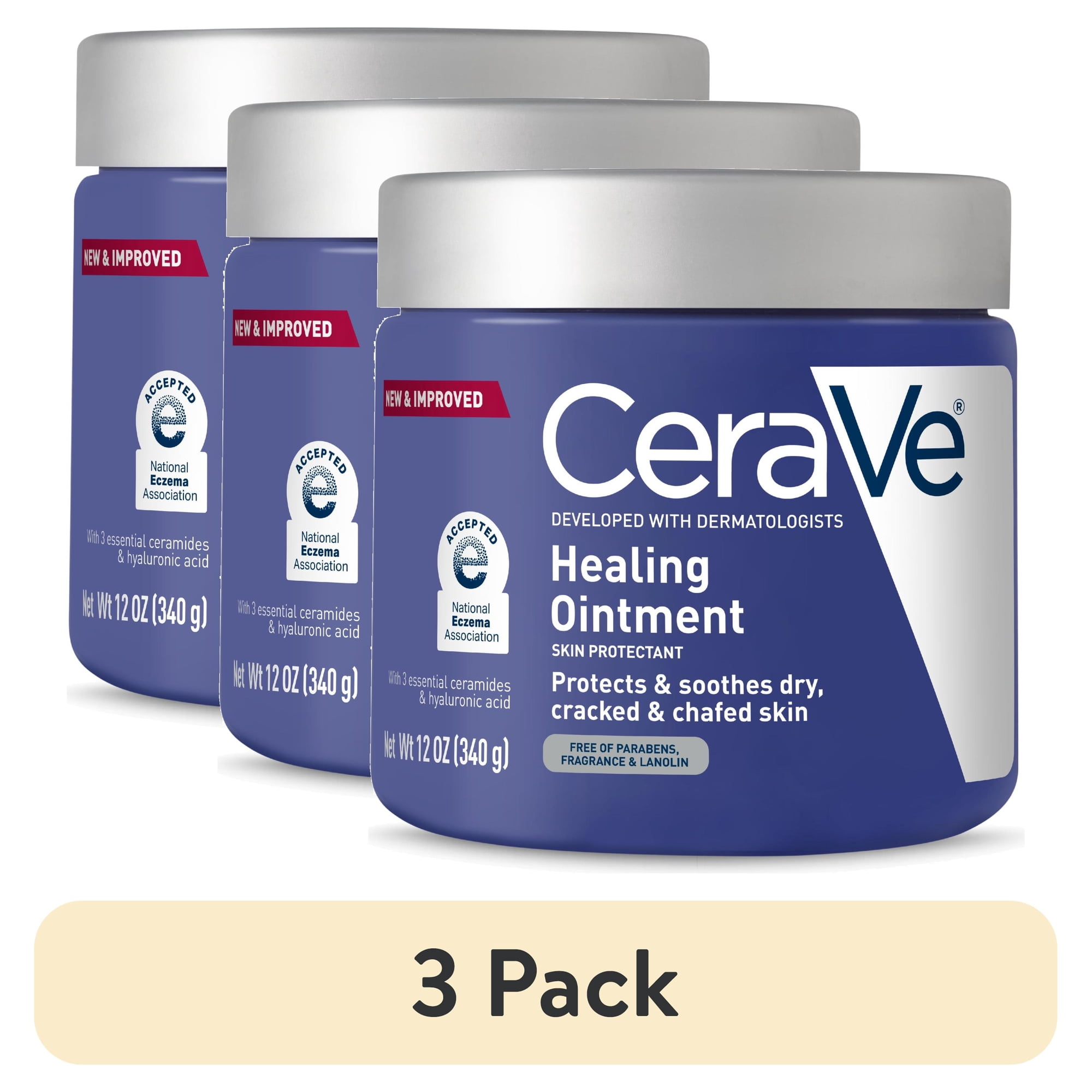 (3 pack) CeraVe Healing Ointment for Face & Body, Protects and Soothes Dry, Cracked, & Chafed Skin 12 oz