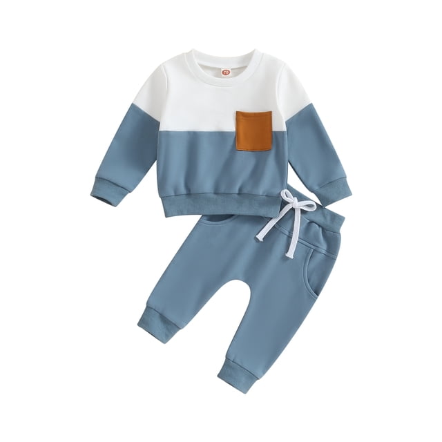 ZAXARRA Vêtements pour Bébé Garçon Ensemble Chandail en Molleton Col Rond Contrasté et Pantalon Long Couleur Unie 2 Pcs Tenues d'Automne