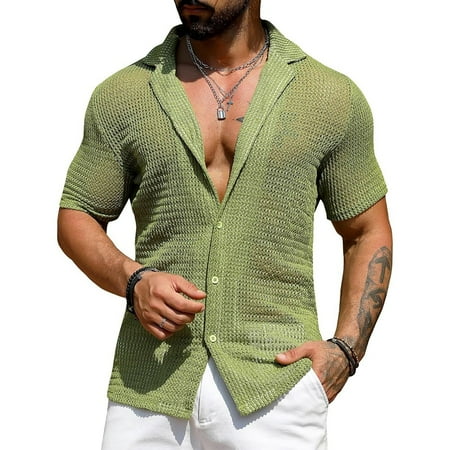 

KDJ Men Short Sleeve Shirts Beach Hollow Out Breathable Knitted Tops Sexy Streetwear