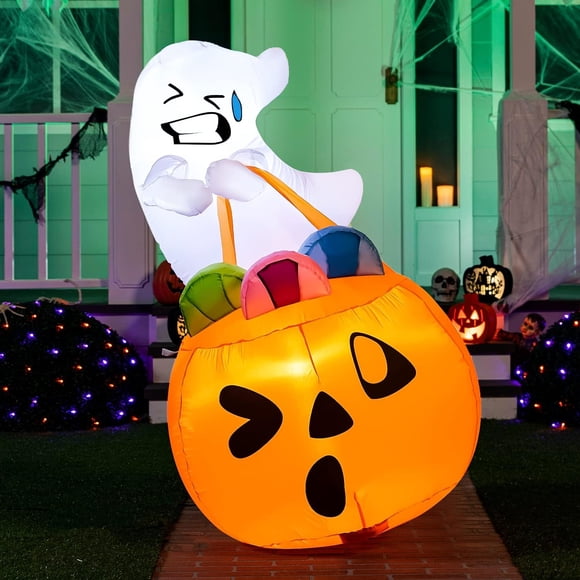 Joiedomi Decoraciones inflables de Halloween de 5 pies de alto, decoración al aire libre, inflable lindo fantasma decoración de Halloween al aire libre, bolsa de caramelos de calabaza con LED incorpor