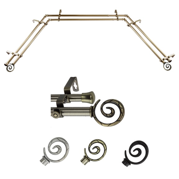Traute 13/16" Double Bay Window curtain rod Adjustable 20"-36", 38"-72" - Antique Brass,(ABay-27-4D)