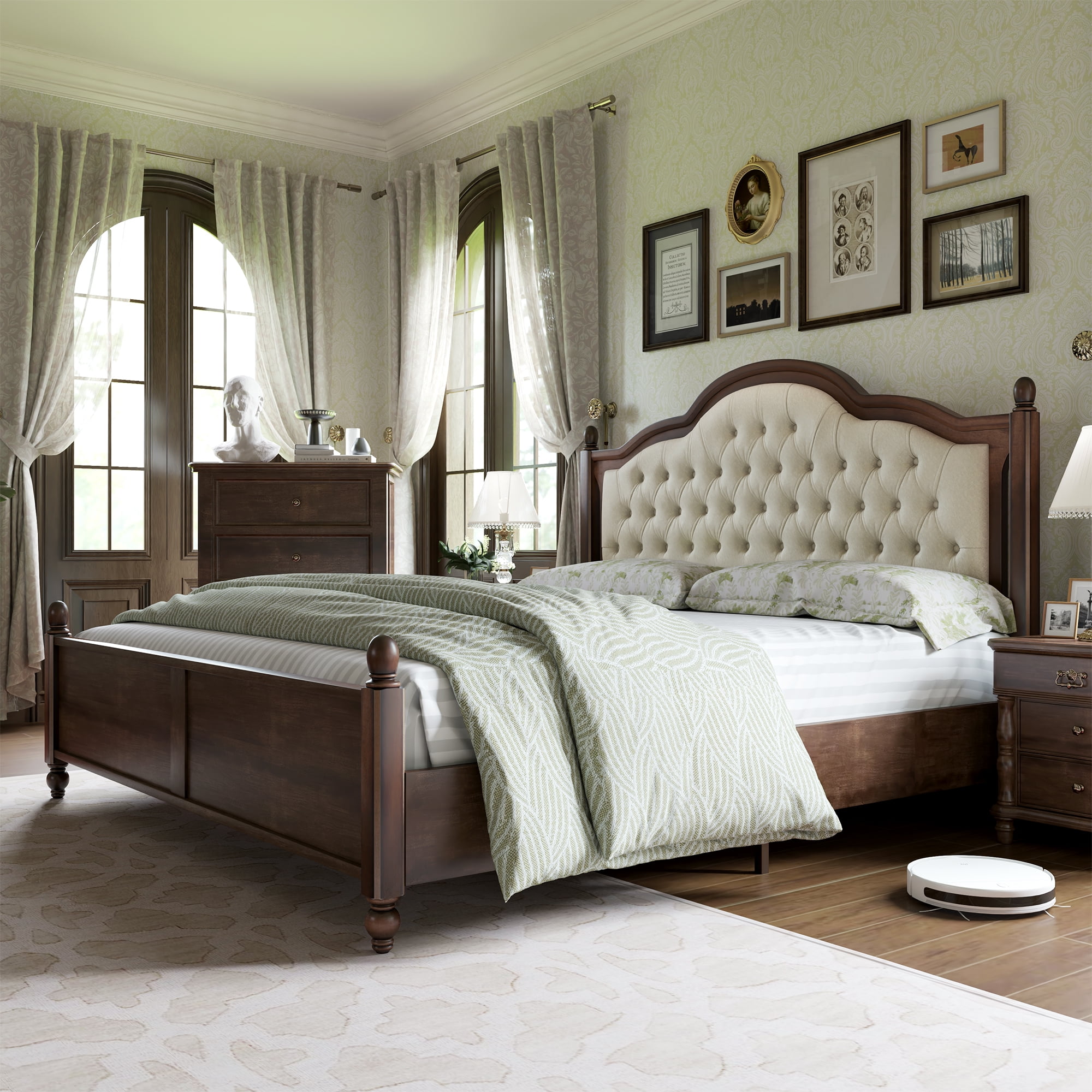 VANACC Queen Wood Bed Frame with 52.5" Upholstered Headboard, Wood Slat Support, No Box Spring