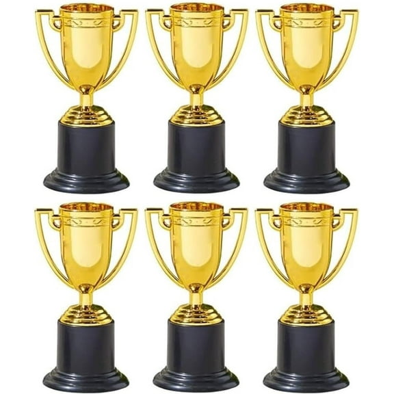 Small Gold Trophies -6 Pack. (4") Plastic. Bulk Mini Trophy Cups. Great Olympic/Sports Participation Event Tournaments and Competitions Party Favors Themed Decoration