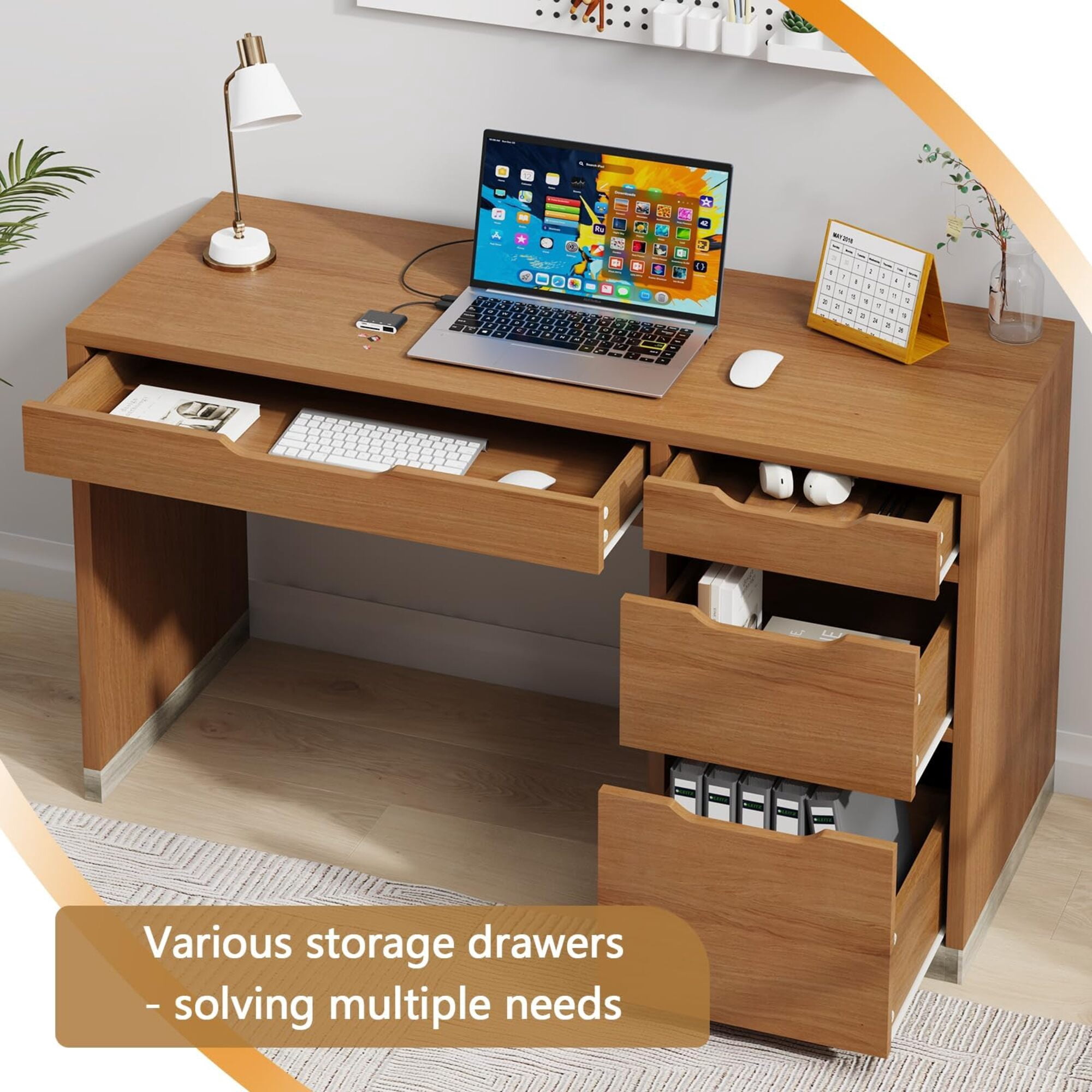 52 Inch 4-Drawer Computer Desk (Brown Finish), Home Office Desk with Multi-Size Drawers & Spacious Tabletop, Small Space-Friendly Solid Wood Desk for Bedroom/Study