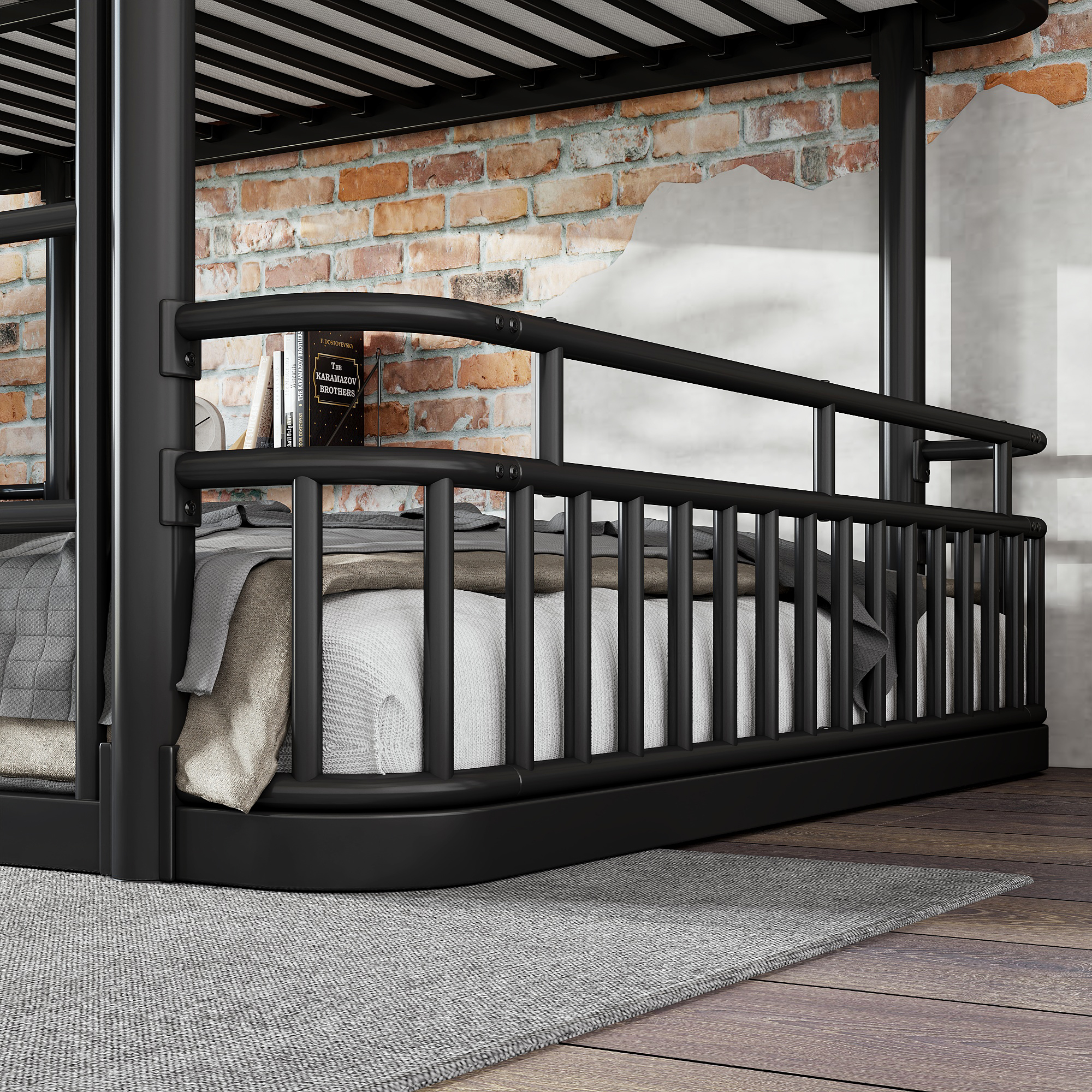 Leumius Queen over Queen Bunk Bed Frame with Ladders & Guardrails, Upgraded Round-Pipe Metal Frame, Stylish & Versatile for Any Room,Black
