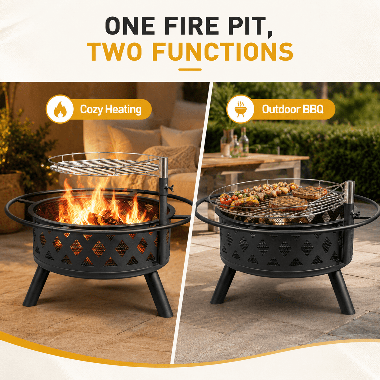 Seizeen Fire Pit with Grill, Metal Fire Pit for Outside Hollow-out Design, Wood Burning Outdoor Fireplace with Poker for Backyard Patio Garden, 30"