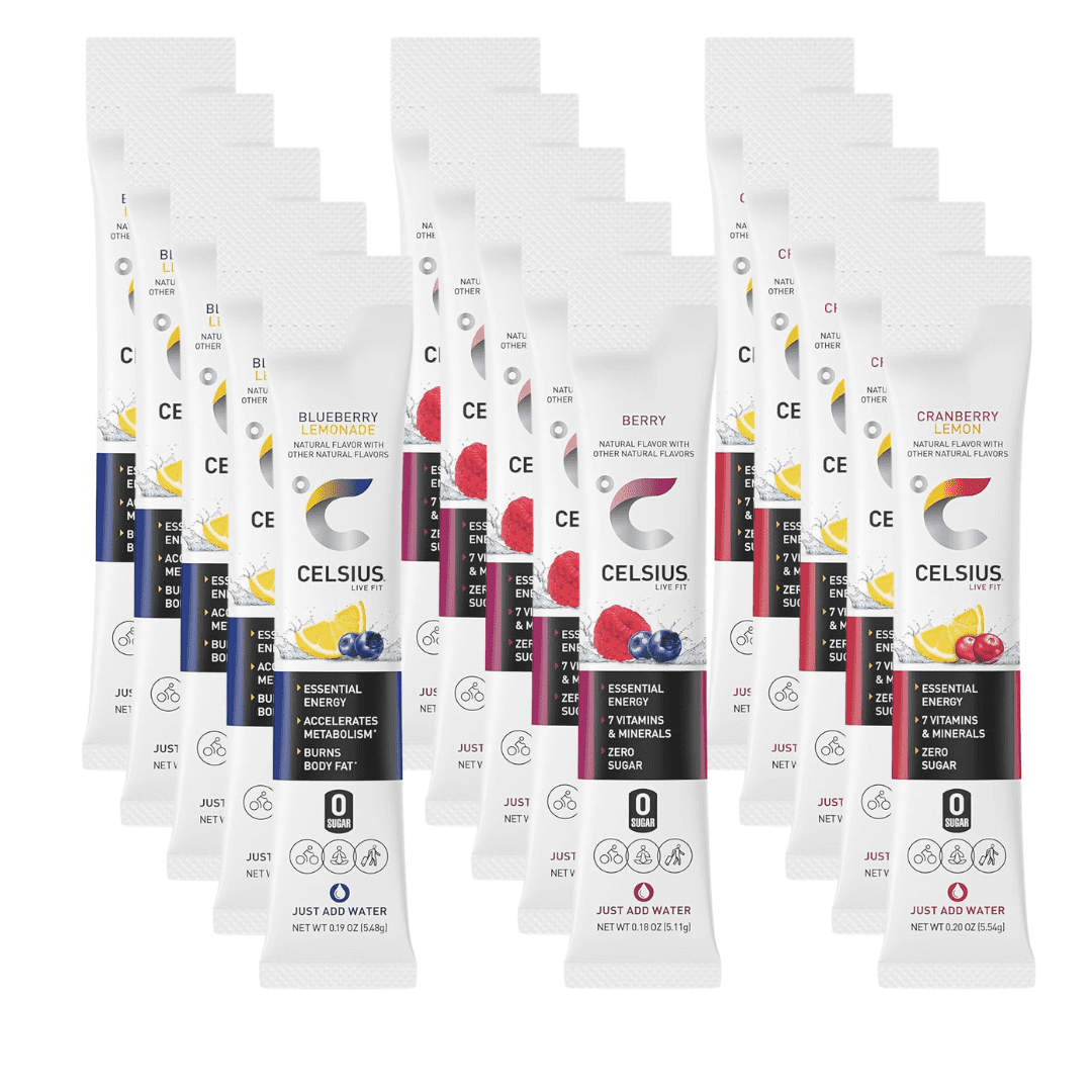 CELSIUS On the Go Essential Energy Drink Powder Packet Stick Mix 3 Flavor Variety Pack, Zero Sugar - Blueberry Lemon, Berry and Cranberry Lemon - Pack of 15 (5 of Each Flavor)