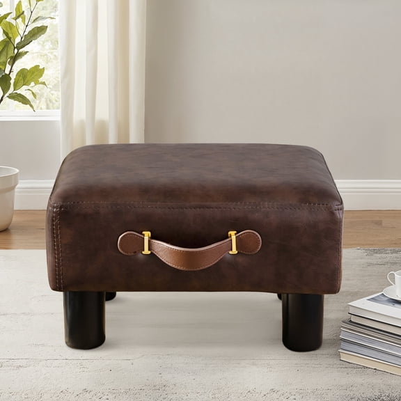 Dycanpo Small Foot Stool with Handle, Modern Faux Leather Padded, for Living Room, Brown