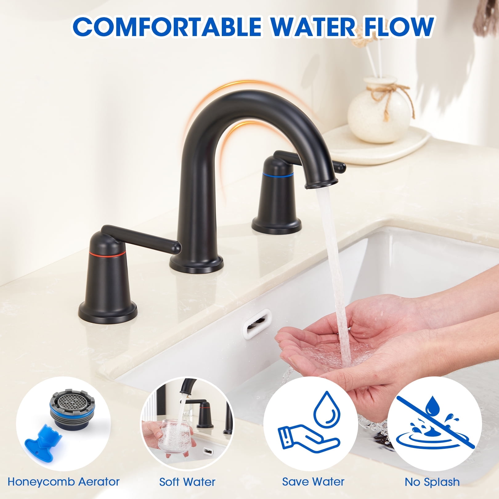 Wowkk Sanitary Ware Brass Bathroom Sink Faucet 2 Handles Widespread Bathroom Faucet 3 Hole, Pop-Up Drain and cUPC Supply Lines Included, Basin Faucets for Vanity Rv Restroom, Matte Black