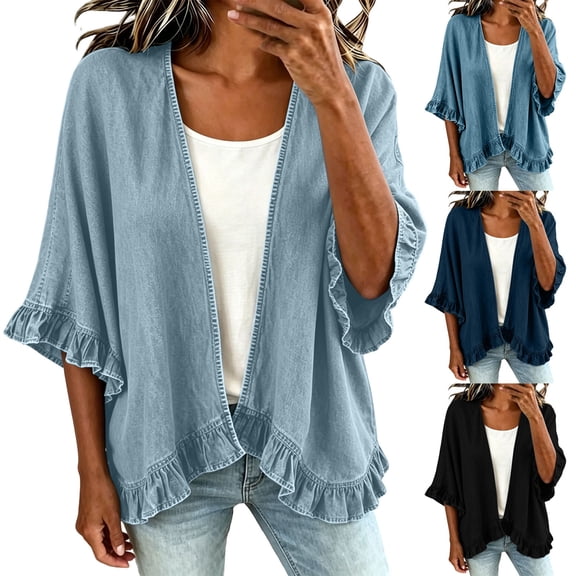 Denim Jackets for Women, Elbow-Length Sleeve Outerwear with Flared Sleeves & Open Front Design, Commuting Street Casual Wear | VerBelle,Black L