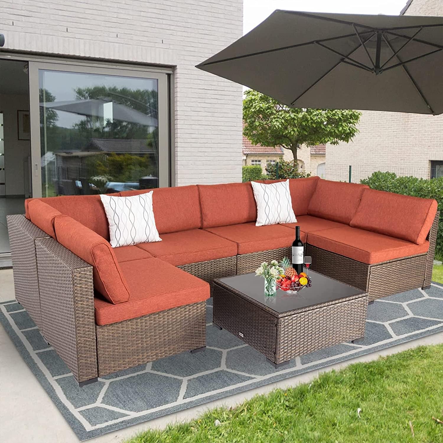 Kinsunny 7 Piece Outdoor Patio Furniture Set Wicker Sectional Sofa with 2 Pillows and Tea Table