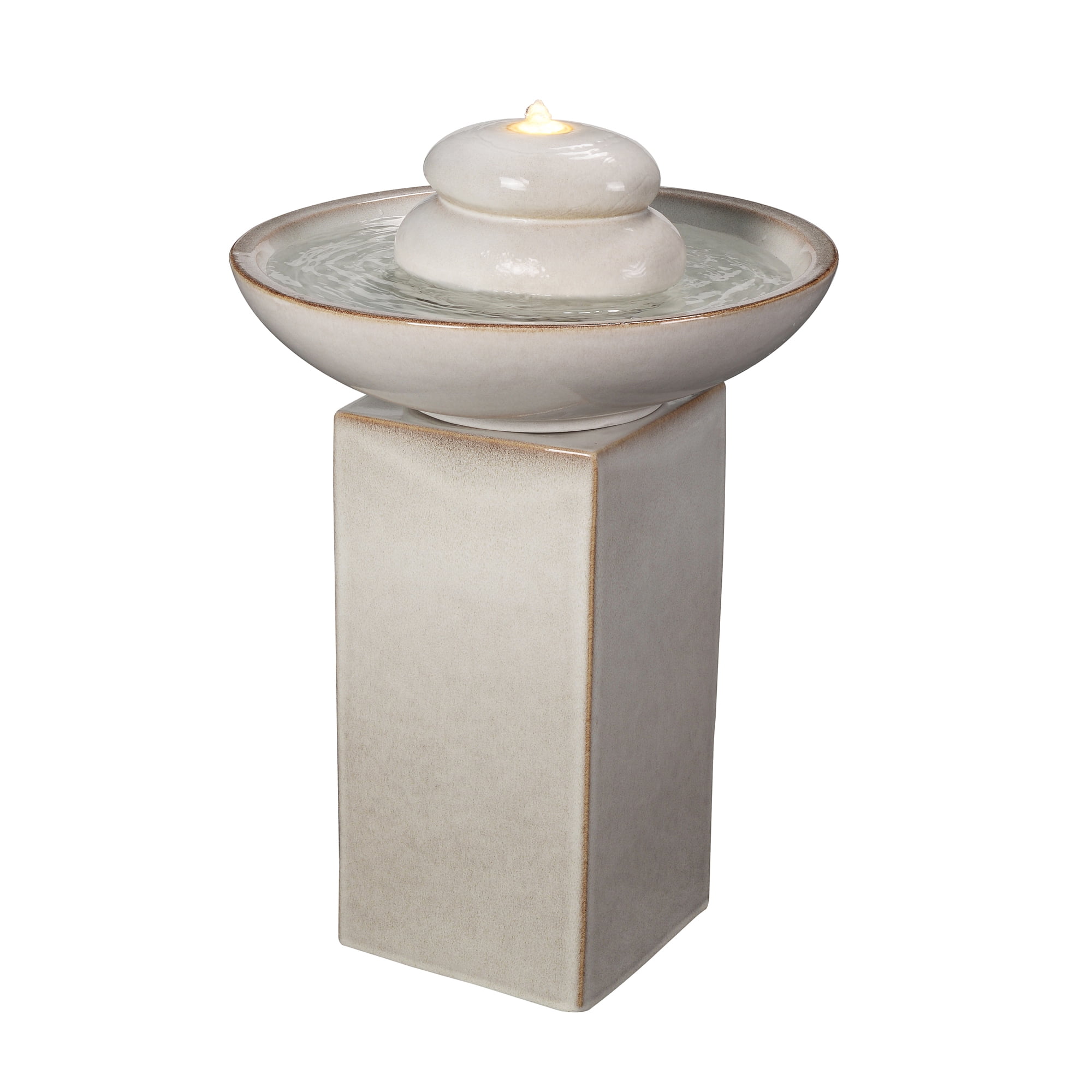Hi-Line Gift Ltd. Ivory Ceramic Fountain with Submersible Pump and Warm White LED Lights