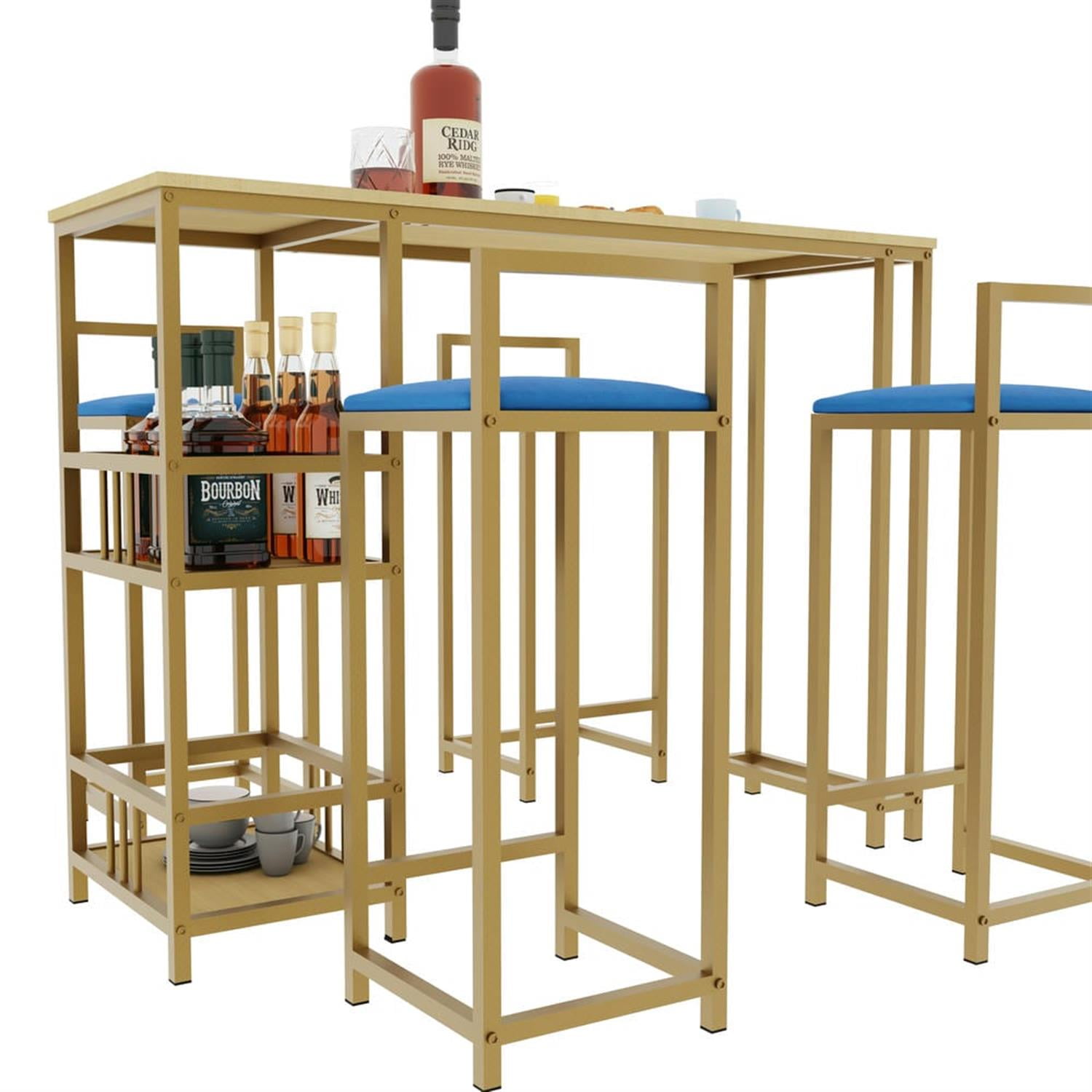 Demi Bonn 5-Piece Dining Table Set with 4 Upholstered Bar Stools and Storage, Kitchen Bar Table Furniture Sets for Dining Room, Apartment, Blue