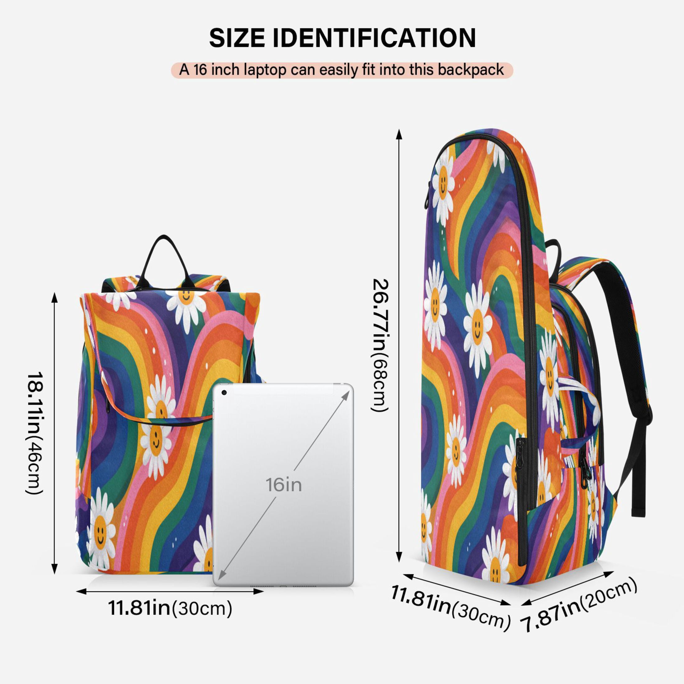 2 Racquet Holder Tennis Backpack Tennis Racket Covers Gym Bags Rainbow-colored Waves with Daisies