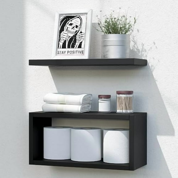 Floating Shelves Bathroom, Black Floating Shelves for Wall, Above Toilet Bathroom Shelves, Wall Mounted Hanging Shelves for Bedroom, Kitchen, Living Room Decor - Black