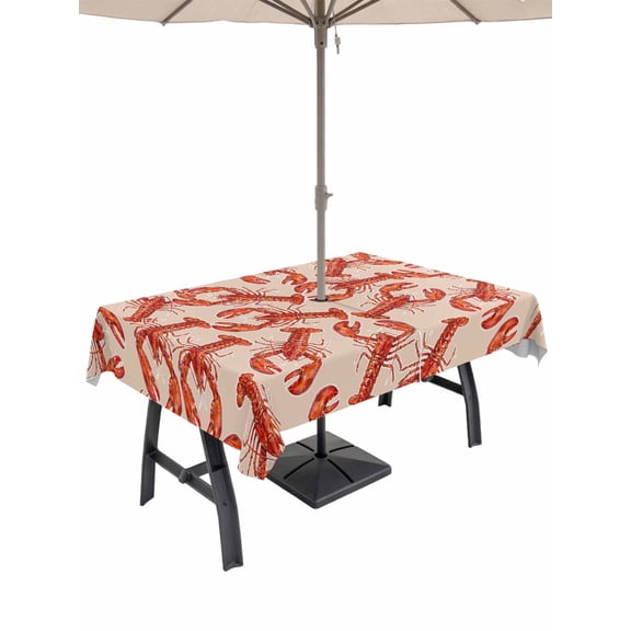 Outdoor Tablecloth with Umbrella Hole for Patio/Picnic/Party/Camping, Coastal Lobster Waterproof Table Cloth Rectangle Table Cover Washable, Summer Beach Ocean Marinelifes Red Brown (54"x 80")