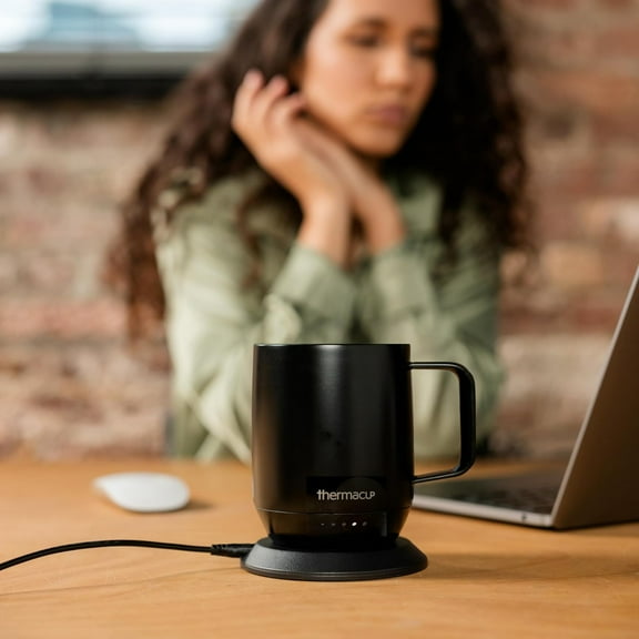 Premium Heated Coffee Mug with 5 Temperature Settings, Electric Cup, 8-Hour Battery, 12oz with Lid (14oz Capacity) Midnight Black