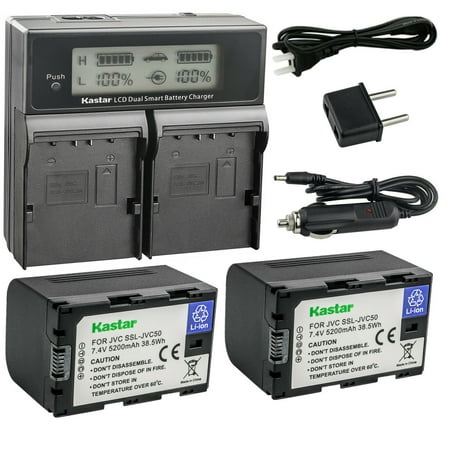 Kastar 2-Pack SSL-JVC50 Battery and CH04 LCD Dual Fast Charger Compatible with JVC SSL-JVC50 SSL-JVC70 SSL-JVC75 BN-S8I50 Battery JVC GY-HM660U GY-HM660SC Camera DT-X Monitors Camera