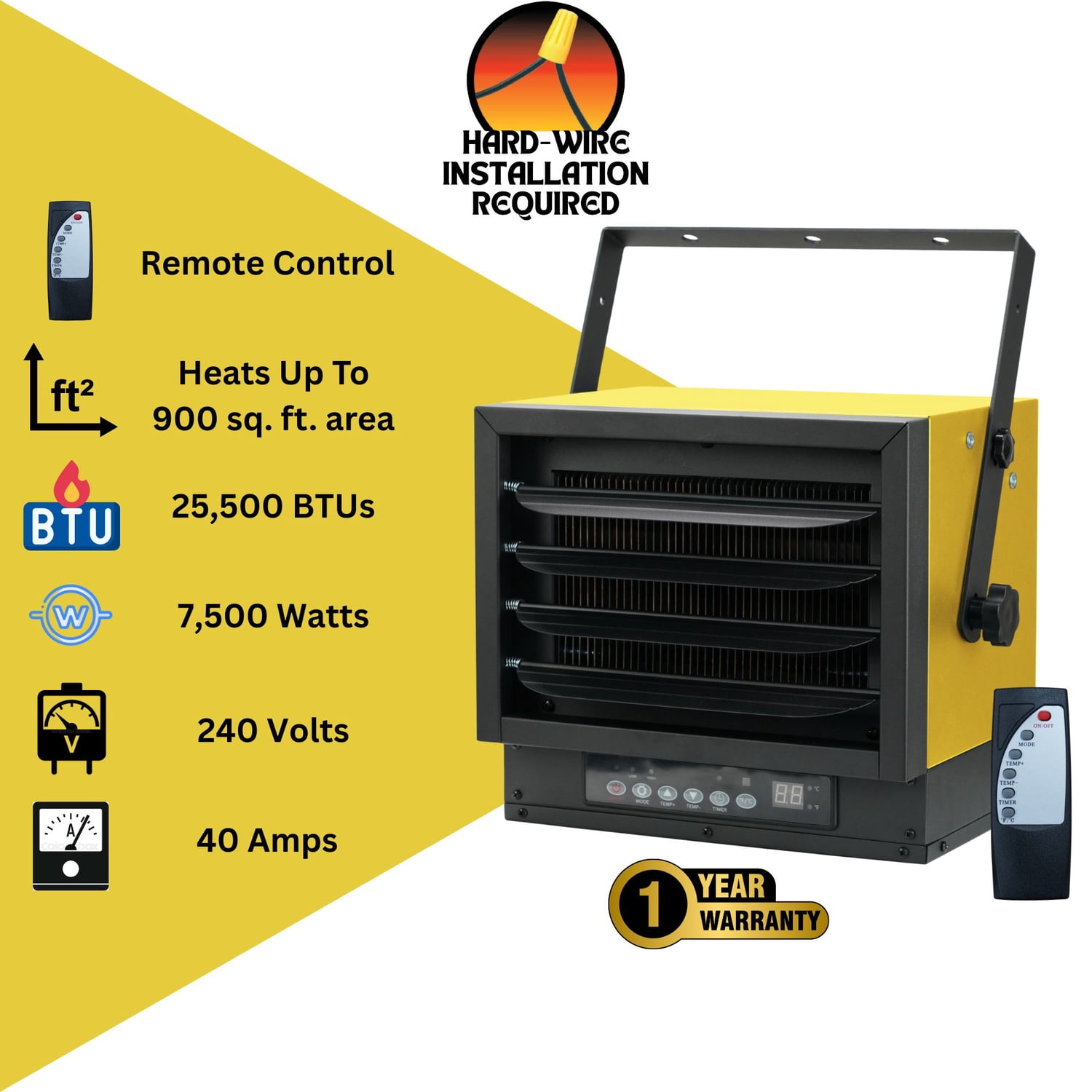 DURA HEAT 240-Volt Hardwired Electric Garage Heater and Fan Combo, 7,500 Watts, 25,500 BTUs, Mounting Kit, Remote with Adjustable Thermostat