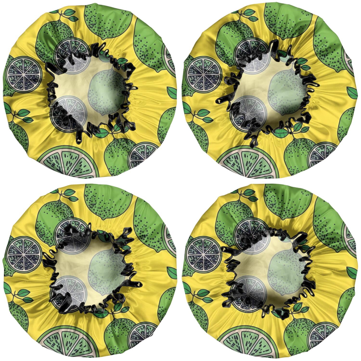 Shower Caps,Green Lime Slices Yellow Pattern Waterproof Shower Cap for Women 4 Pieces,Double Reusable Hair Cover for Shower PEVA Elastic Stretch Hem