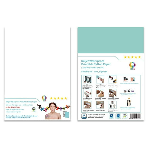 MR.R Inkjet Printable Water Transfer Paper for Temporary Body Tattoo , Nail Film Sticker A4 size,8.23''x11.7'' with 5 sets per pack