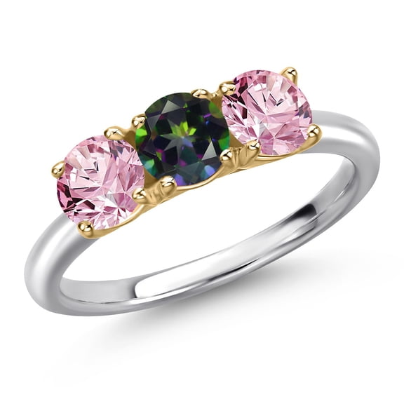 Gem Stone King 925 Silver and 10K Yellow Gold Green Mystic Topaz and Pink Lab Grown Diamond Engagement Ring for Women | 1.55 Cttw | Round 5MM | Gemstone November Birthstone | Size 5