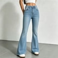thumbnail image 2 of Women's High Waist Flare Jeans Side Rivet Decor Frayed Hem Bootcut Denim Pants Vintage Wash Streetwear Stretch Skinny Y2K Casual Jeans Light Blue, 2 of 8