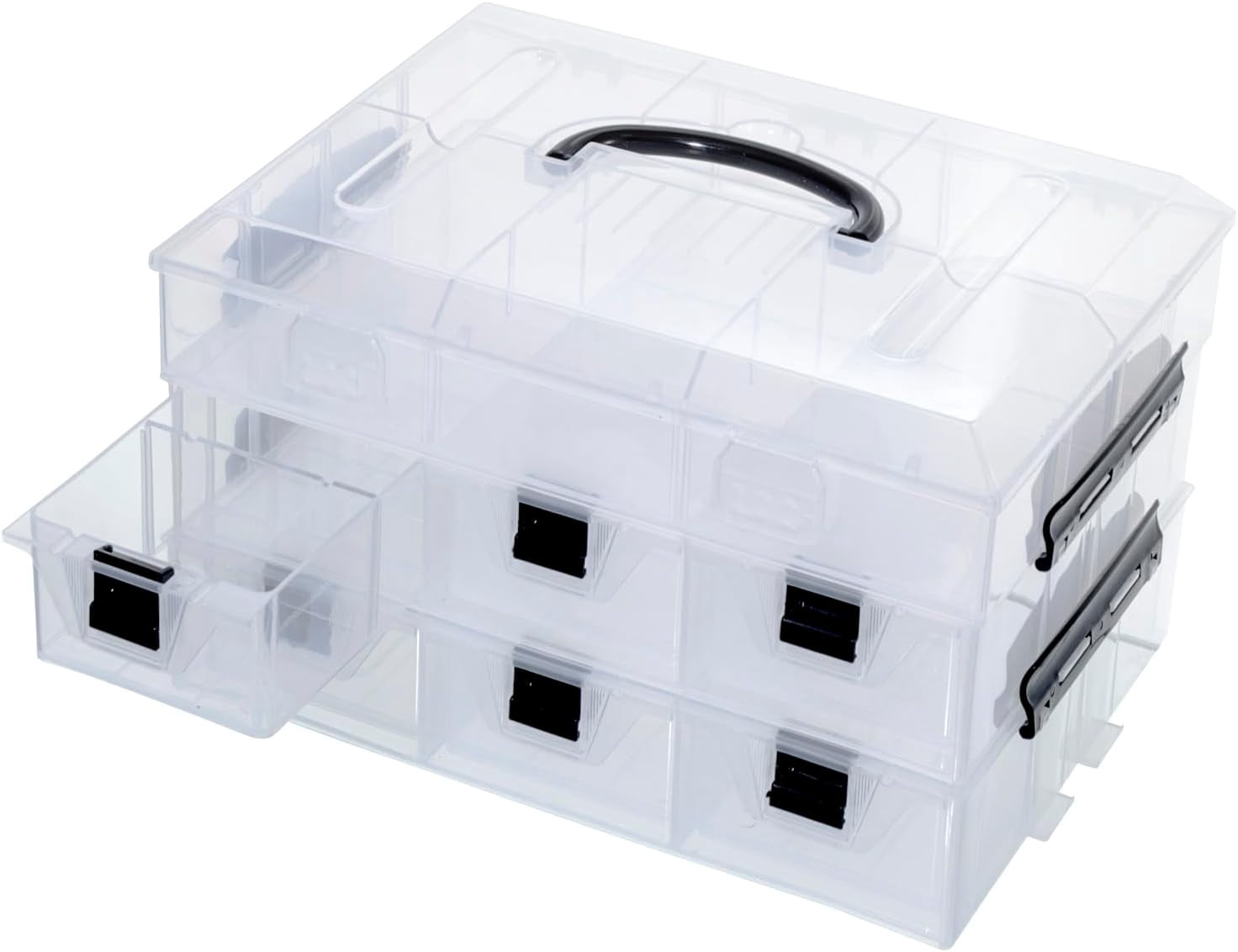 Clear Plastic Storage Box Container, Arts and Crafts Sewing Supplies Organizer Case with Black Accents, 24 Customizable Compartments, and 6 Drawers with Removable Dividers