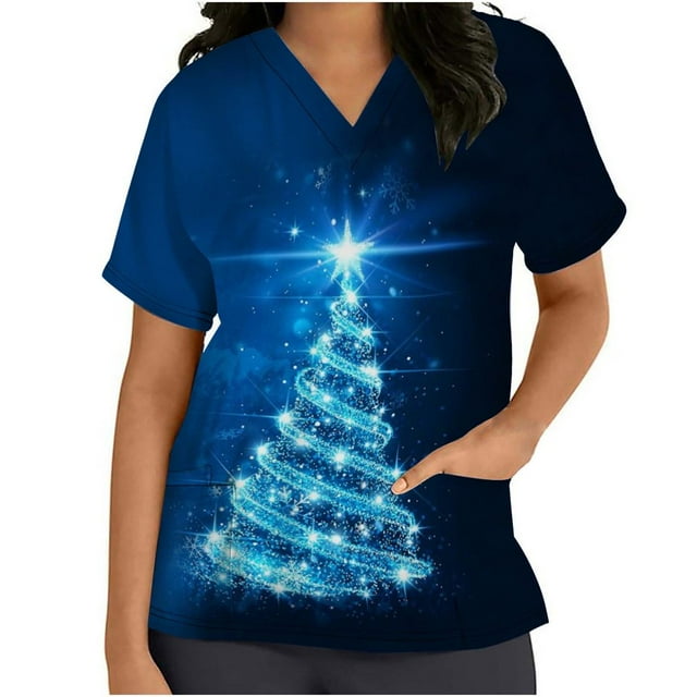 Womens Scrub Tops Short Sleeve V-neck Tops Uniform Christmas Tree Printed Pockets Blouse Nursing Clearance