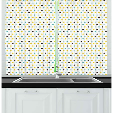 Kitchen Curtains 2 Panels Set Polka Dots Rounds Vintage Retro 60s