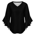 thumbnail image 5 of Pure Black Noble Women's V-Neck Blouse With 3/4 Ruffled Bell Sleeves Casual Top Ladies Blouses, 5 of 7