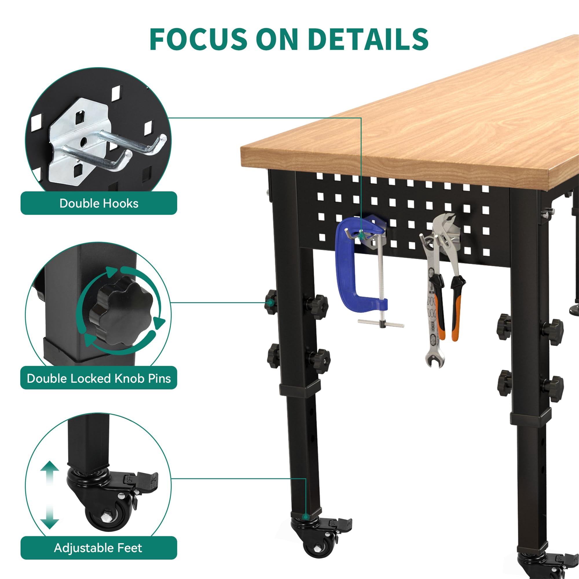 Aukfa 60" Adjustable Workbench, 2 in1 Heavy-Duty Rolling Worktable with USB for Garage, Shop, Office