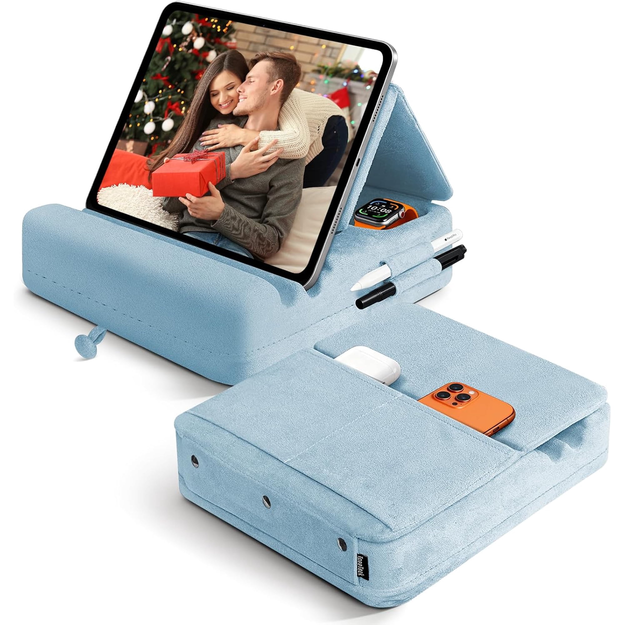 Tablet Pillow Stand with Storage, Foldable iPad Holder for Lep, Bed, Sofa, and Desk - Soft Pad Dock with Pocket and Stylus Mount Compatible with 4-13" iPad Pro/Air/Mini, Galaxy Tab, Kindle