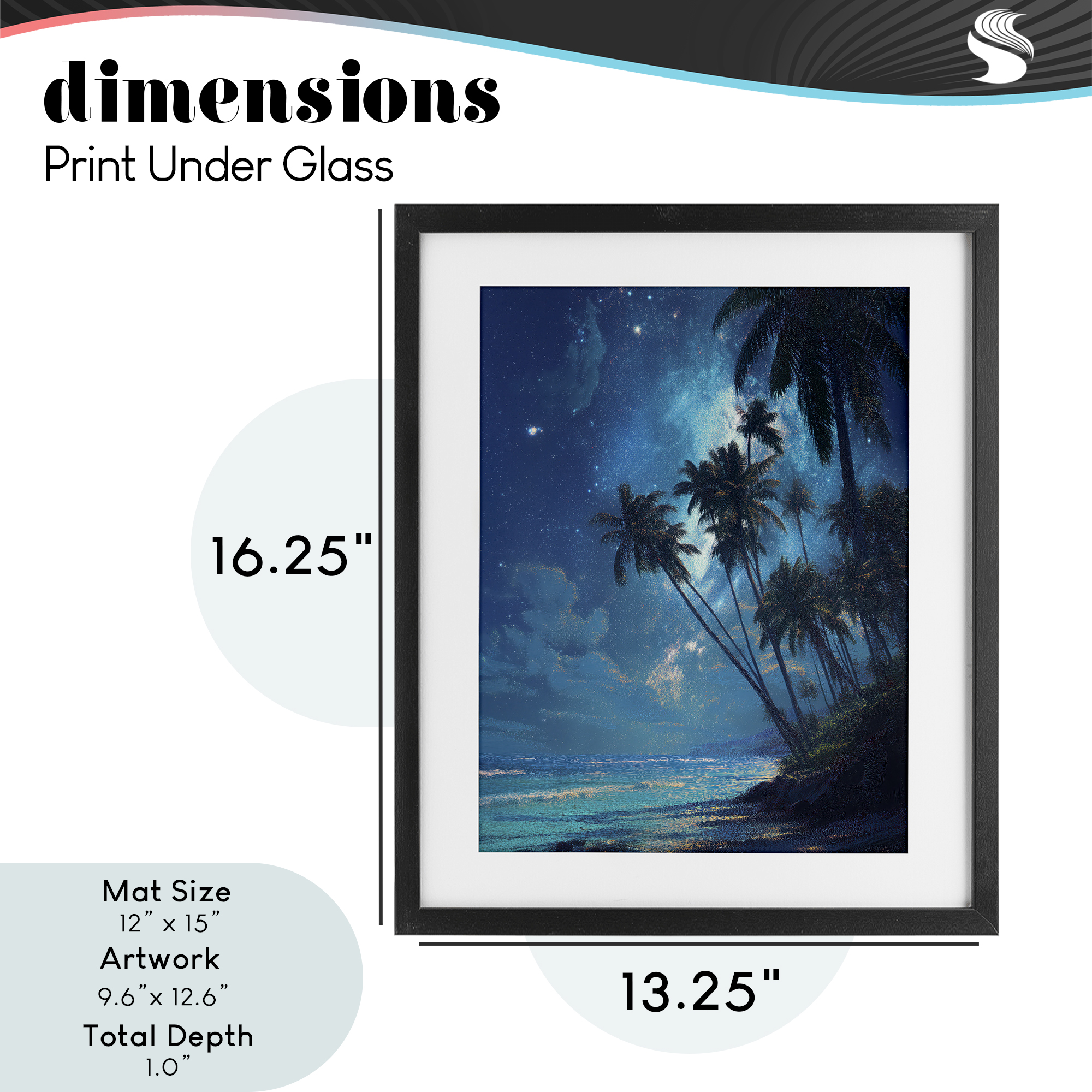 Moonlit Beach Palm Trees Black Framed Print Under Glass, design by Ziwei Li