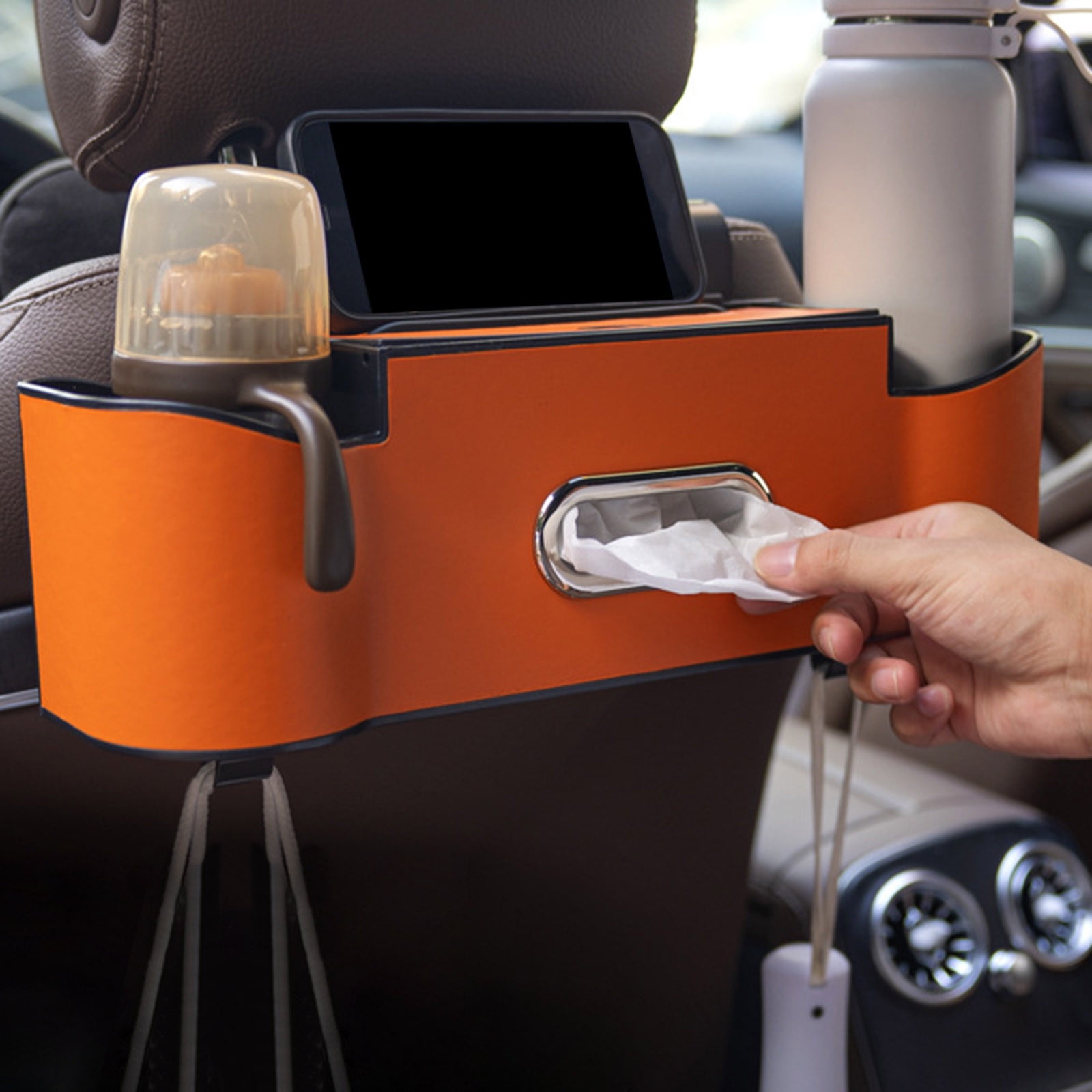 Car Backseat Organizer with Drink Holders & Hooks - 3-in-1 Storage Box for Tissues, Phone & Purse - Universal Headrest Attachment for Cars, SUVs & Trucks