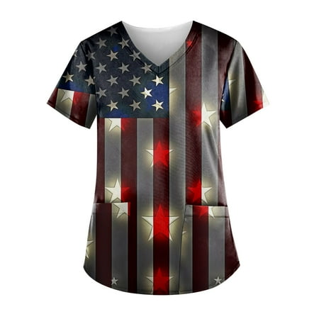 

Sksloeg Scrub Top for Women Summer American Flag Pattern Working Uniform with Pocket Stretch Casual V-Neck Summer Holiday Workwear Red XXXXL