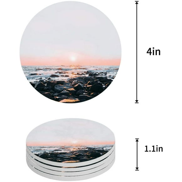 POGLIP Rocks and Sunset by The Sea Set of 4 Round Coaster for Drinks, Absorbent Ceramic Stone Coasters Cup Mat with Cork Base for Home Kitchen Room Coffee Table Bar Decor