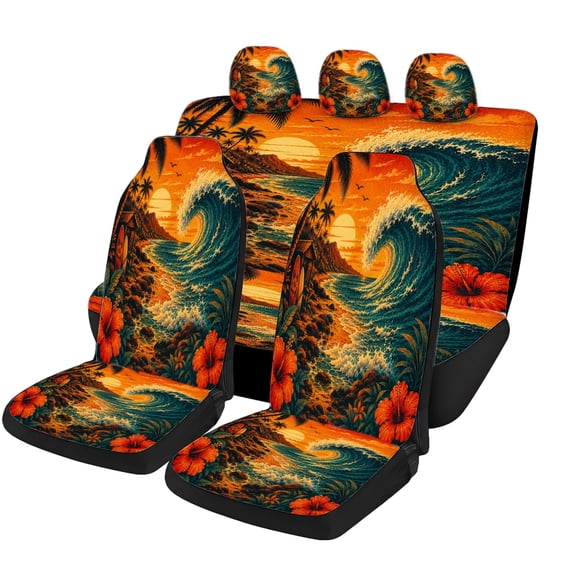 Verolix Tropical Sunset Wave Car Seat Covers Full Set, Mesh Fabric Universal Automotive Seat Covers with Front Seat Covers, Rear Bench Cover and Headrest Covers for Cars SUVs Trucks Vans