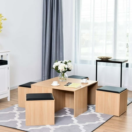 - Costway 5 PCS Wood Coffee Table Set living Room Table Set 4 Storage Ottoman Stool