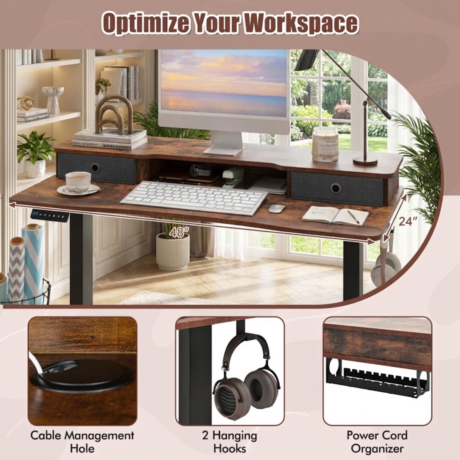 Furnibear 48 x 24 Inch Electric Height Adjustable Standing Desk with 2 Fabric Drawers Monitor Stand Memory Settings Rustic Brown