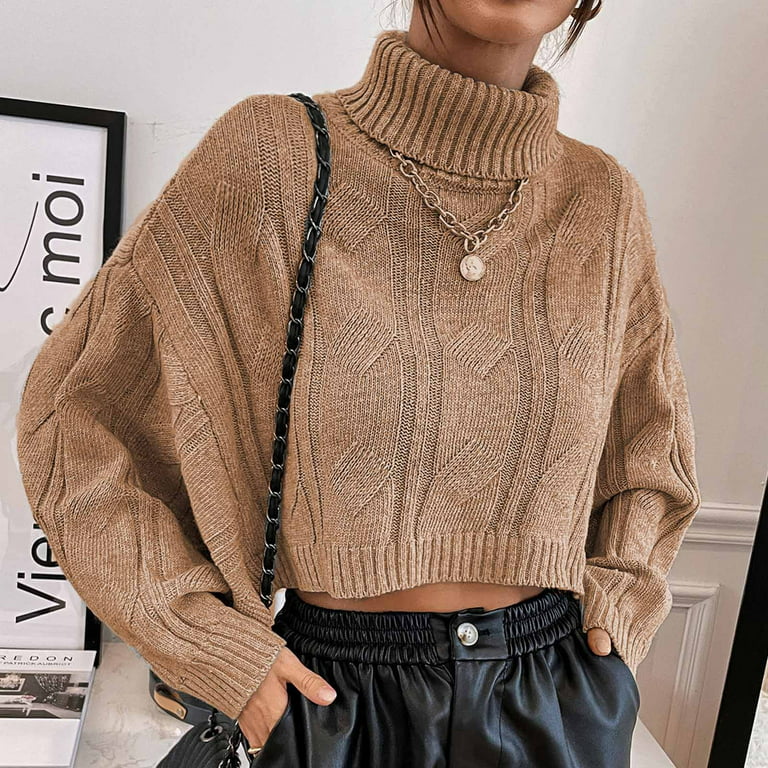 Hfyihgf Women's Turtleneck Cable Knit Sweaters Casual Batwing Long Sleeve  Pullover Cropped Jumper Plain Drop Shoulder Tops Khaki M