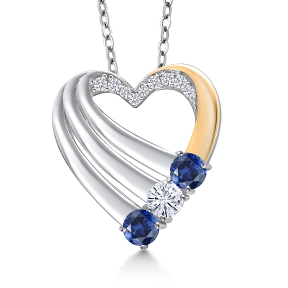 Gem Stone King 925 Silver and 10K Yellow Gold Created Sapphire and Moissanite and Lab Grown Diamond Heart Pendant for Women | 0.83 Cttw | September Birthstone | With 18 inch Chain