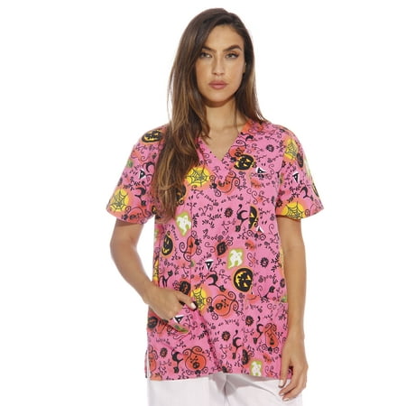 

Just Love Women s Scrub Tops / Holiday Scrubs / Nursing Scrubs (Neon Halloween with Glitter Small Regular)